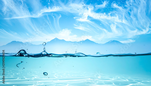 Dynamic water surface with ripples and splashes under a cloudy blue sky with distant mountains, fresh and clean.
