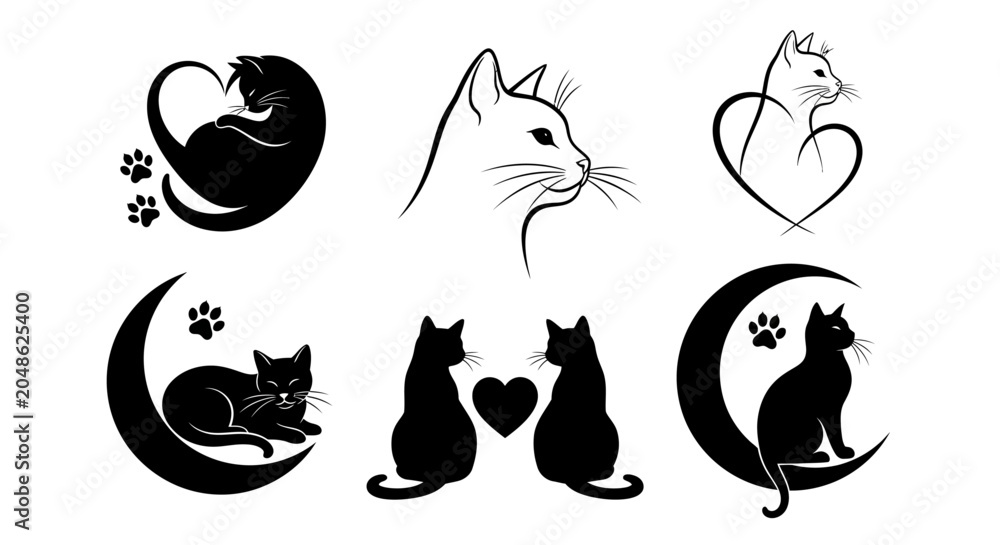 Obraz premium Minimalist black cat silhouettes and line art icons, elegant feline head and heart shapes, 6 vector elements for pet branding and tattoo design