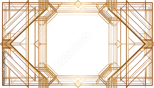 Elegant art deco golden frame with geometric patterns, ornate border, and symmetrical design, suitable for invitations or vintage posters
