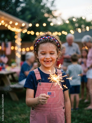 Smiling Child in Patriotic Overalls Holding Sparkler at Backyard Fourth of July BBQ Party with String Lights, Independence Day Family Celebration