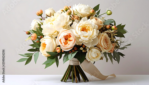 Elegant bouquet of cream and peach peonies with greenery tied with a ribbon, romantic floral arrangement for weddings