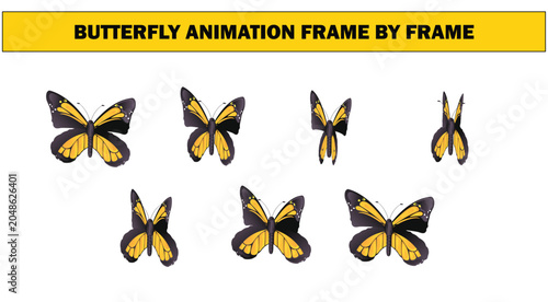 Yellow Butterfly Wing Flapping Animation Frame Sequence Vector Graphic