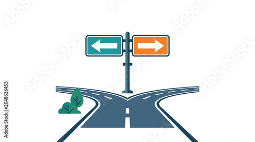 Road splits into two paths with directional signs indicating a choice, representing decisions and different ways forward
