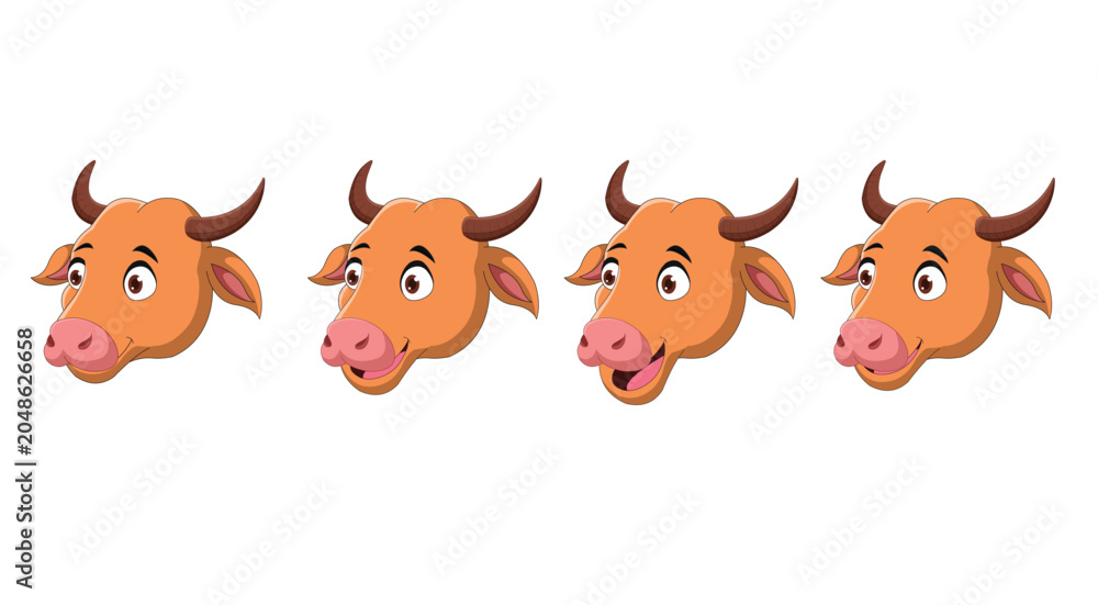 Fototapeta premium Cute Cartoon Bull Cow Head Expression Sheet Vector Mascot Illustration