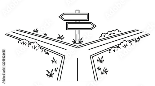 Conceptual illustration depicting a fork in the road with a blank signpost, symbolizing a critical life decision, a significant choice, or an important crossroads on a journey