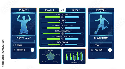 Dynamic football player performance dashboard showcasing real-time match statistics, player profiles, and analytical data charts for competitive sports analysis