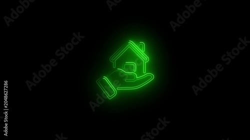 hand house set design illustration estate real business residential property building glowing neon hand icon with home animation