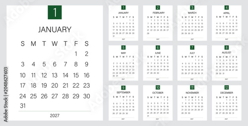 Foto Creative Geometric Shape Calendar 2027 with Numbering for All Twelve Months | Su