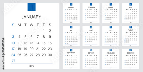 Canvastavla 2027 Yearly Calendar with Geometric Month Number Elements and Sunday Start Weeks