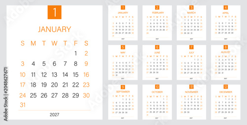 Tableau sur toile Geometric Annual Planner Calendar 2027 with Numbered Month Design and Sunday Sta