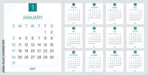 Tableau sur toile Elegant Minimal Calendar 2027 with Geometric Shape Month Numbers and Sunday Week
