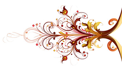 Elegant ornate flourish with golden leaves and swirling abstract patterns in warm red and orange tones, decorative element for design