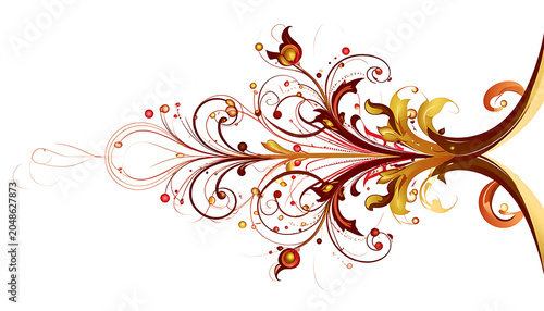 Elegant ornate flourish with golden leaves and swirling abstract patterns in warm red and orange tones, decorative element for design
