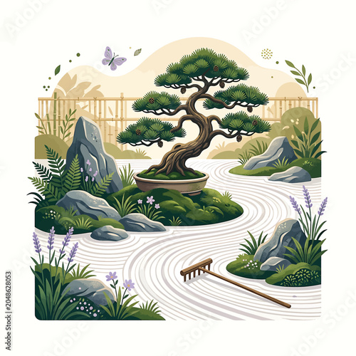 Canvas Print Serene Bonsai Tree Garden Landscape Design.