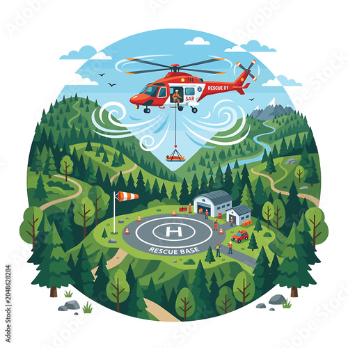 Fotografie Rescue helicopter in forest landscape scene.