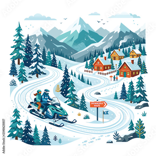 Billede på lærred Snowmobile Riding Winter Mountain Landscape Scene.