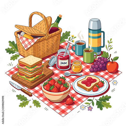Picnic food on red checkered tablecloth.