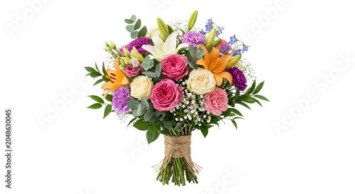 Foto Vibrant mixed flower bouquet with roses, lilies, and carnations tied with twine