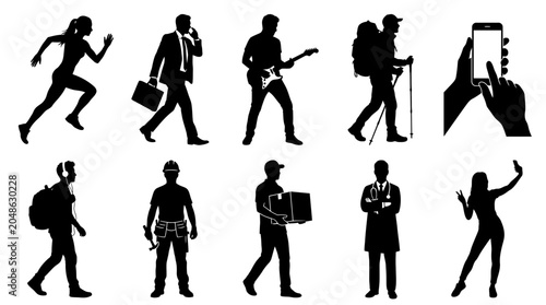 10 silhouette pack Work, Travel and Leisure People with runner, office worker, standing people, desk, phone, coffee cup, airplane, bicycle, dog, and walking in black silhouette vector