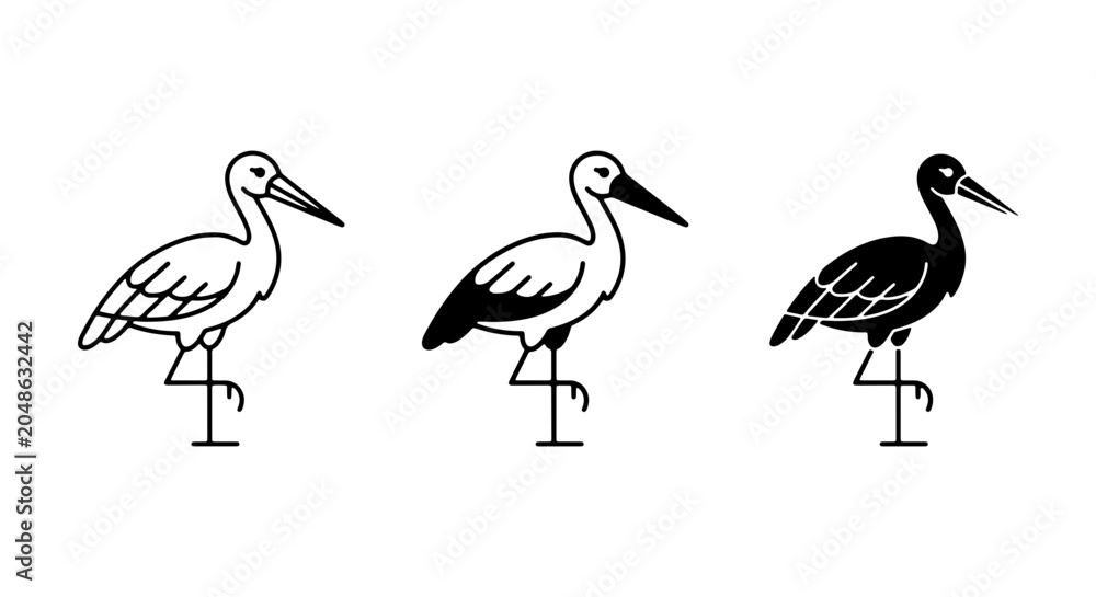 Fototapeta premium Stork Vector Icons Set, Elegant Bird Illustrations in Outline, Silhouette, and Filled Styles, Wildlife Graphics for Nature and Ornithology Projects