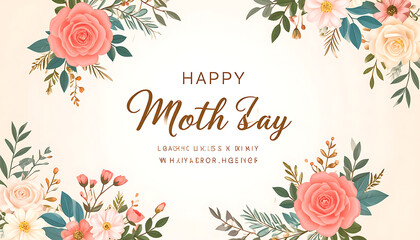 Happy mother's day greeting card with floral border, delicate roses and leaves, soft pastel colors, elegant script font