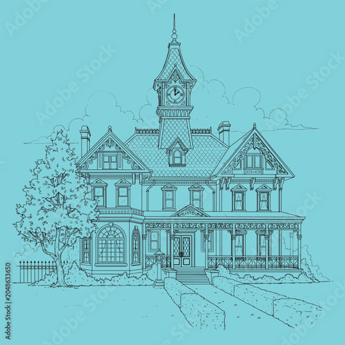 Victorian house with clock tower architectural line art 