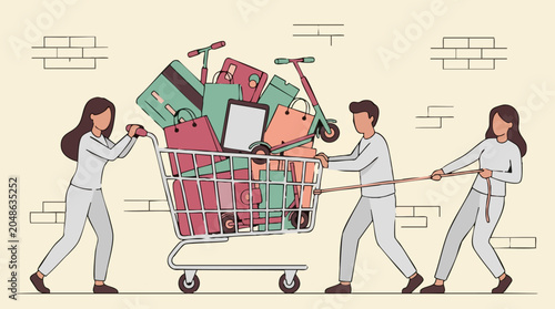 Konstfotografi People struggle with overflowing shopping cart, consumerism concept