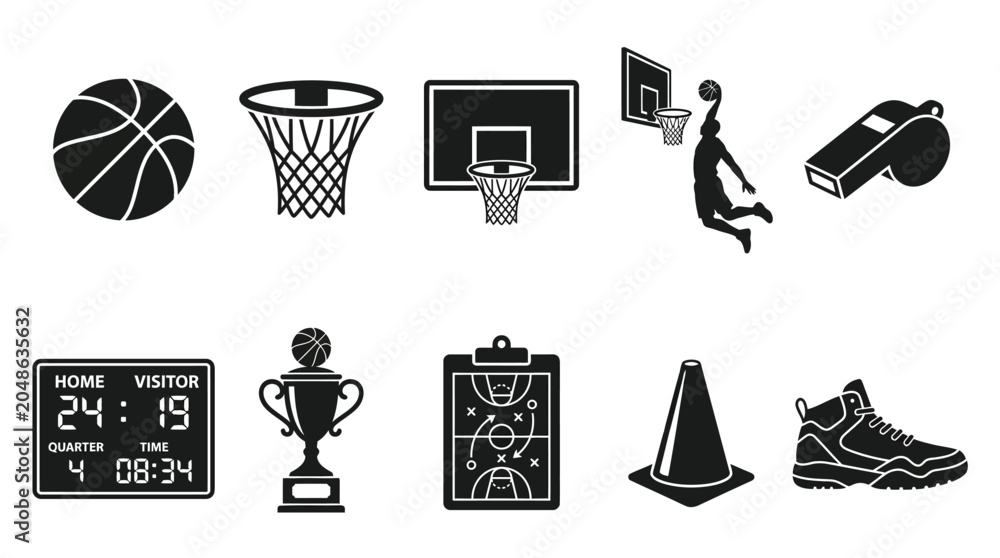 © aan - Flat silhouette vector icon set of basketball elements  basketball ball  hoop ring  backboard  player dunking  referee whistle  scoreboard  championship trophy  coaching clipboard  training cone
