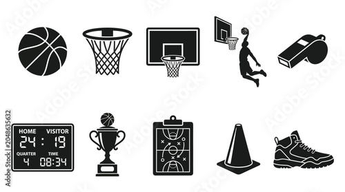 Flat silhouette vector icon set of basketball elements  basketball ball  hoop ring  backboard  player dunking  referee whistle  scoreboard  championship trophy  coaching clipboard  training cone 