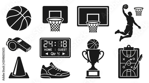 Flat silhouette vector icon set of basketball elements  basketball ball  hoop ring  backboard  player dunking  referee whistle  scoreboard  championship trophy  coaching clipboard  training cone 