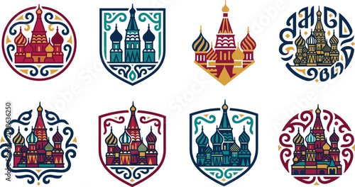 Saint Basil's Cathedral Badge Set with Ornate Russian Church Icons in Circle and Shield Frames for Moscow Travel and Heritage Designs