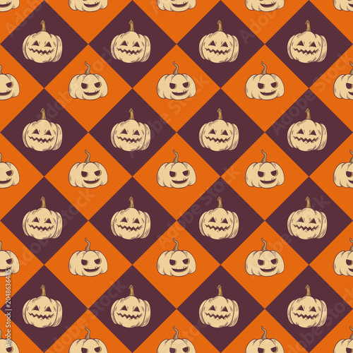 Seamless pattern with Halloween pumpkins on orange and purple board. Spooky wallpaper.