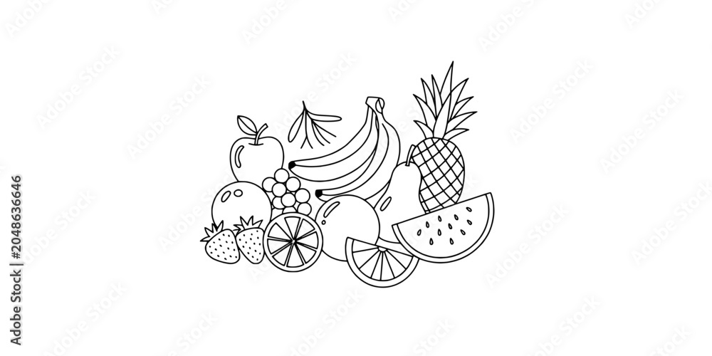 Obraz premium Fruits Hand-Drawn Set with Black Line Art Style Featuring Fruit, Illustration, Banana with Apple and Grapes Elements for Orange, Watermelon Projects,