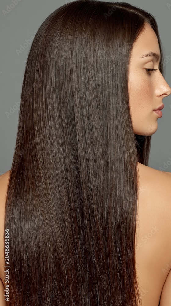 Naklejka premium The girl’s perfectly smooth, long hair boasts impeccable texture and shine, providing an elegant backdrop for adverts for cosmetics, beauty salons and hair care products.