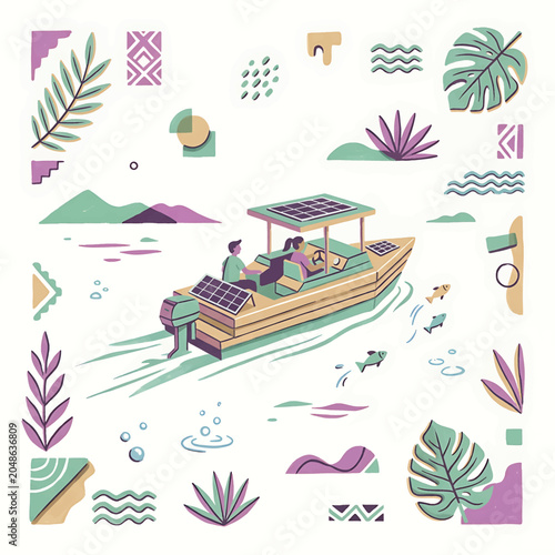 Tableau sur toile Solar powered boat on water.