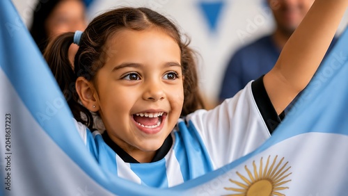 Little girl cheering while holding the argentina flag with excitement.