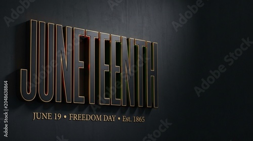 Elegant three dimensional juneteenth typography in gold and black on dark textured wall.