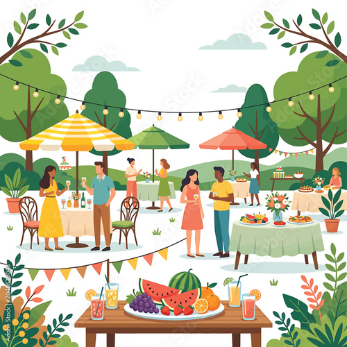 People enjoying outdoor party with food.