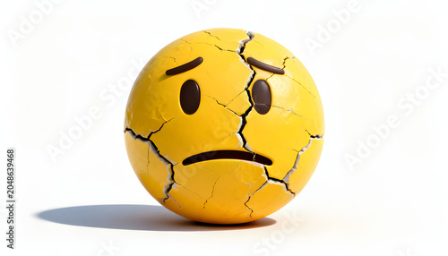 3D render of a damaged yellow emoji with visible cracks and a sad expression. Concept of disappointment, emotional stress, problems, concern, and negative feelings. Isolated on a white background.