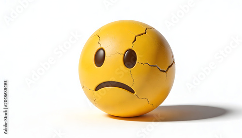 3D illustration of a cracked yellow emoji face with a sad expression, symbolizing stress, disappointment, emotional struggle, damage, and negative feelings. Isolated on a white background.