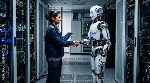 Female engineer and humanoid robot shake hands in server room