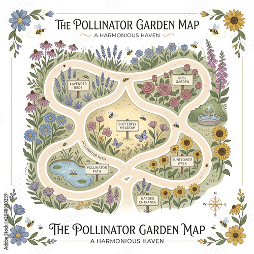 Tableau sur toile The Pollinator Garden Map Illustration Design.