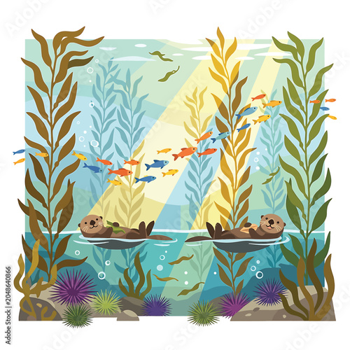Sea otters swimming with colorful fish.