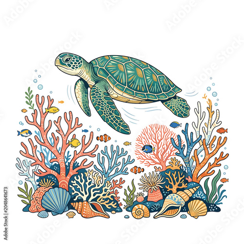 Sea Turtle Swimming Coral Reef Fish.