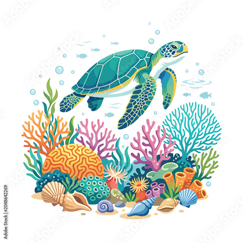 Sea turtle swimming near colorful coral.