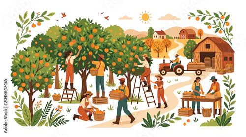 People harvesting oranges in orchard.