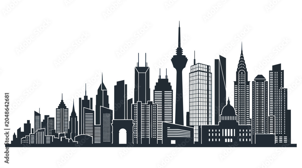 Fototapeta premium Modern City Skyline Silhouette - Urban Landscape Vector Illustration