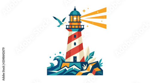 Foto Lighthouse guiding ships at sea, vector illustration