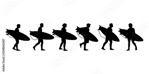 Surfers Carrying Surfboards in a Sequence of Walking Poses Featuring Surfer, Surfboard, Silhouette with Motion and Beach Elements for Ocean, Sport