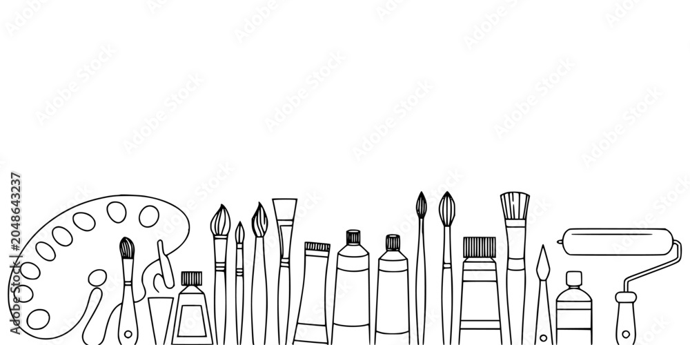Obraz premium Art Supplies Including Brushes, Paints, and a Palette Arranged in a Row Featuring Drawing Tools, Painting Tools, Artist Tools with Creative Tools